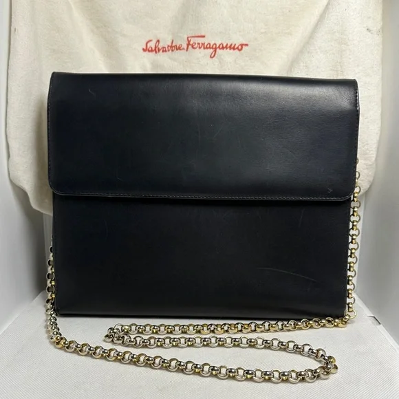 Salvatore Ferragamo Vintage Black Leather Flap Chain Link Shoulder Crossbody Bag - Picture 1 of 12